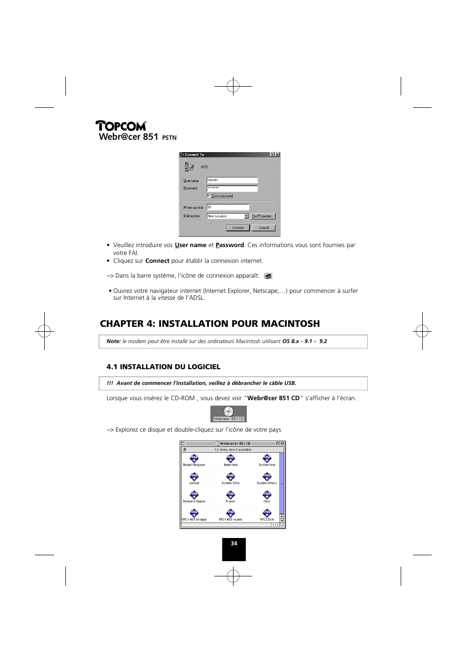 Chapter 4: installation pour macintosh, Webr@cer 851 | Topcom Webr@cer 851 PSTN User Manual | Page 34 / 52