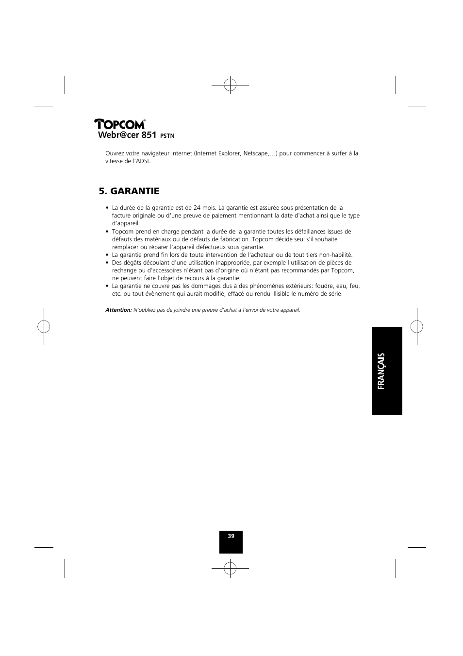 Garantie, Webr@cer 851 | Topcom Webr@cer 851 PSTN User Manual | Page 39 / 52