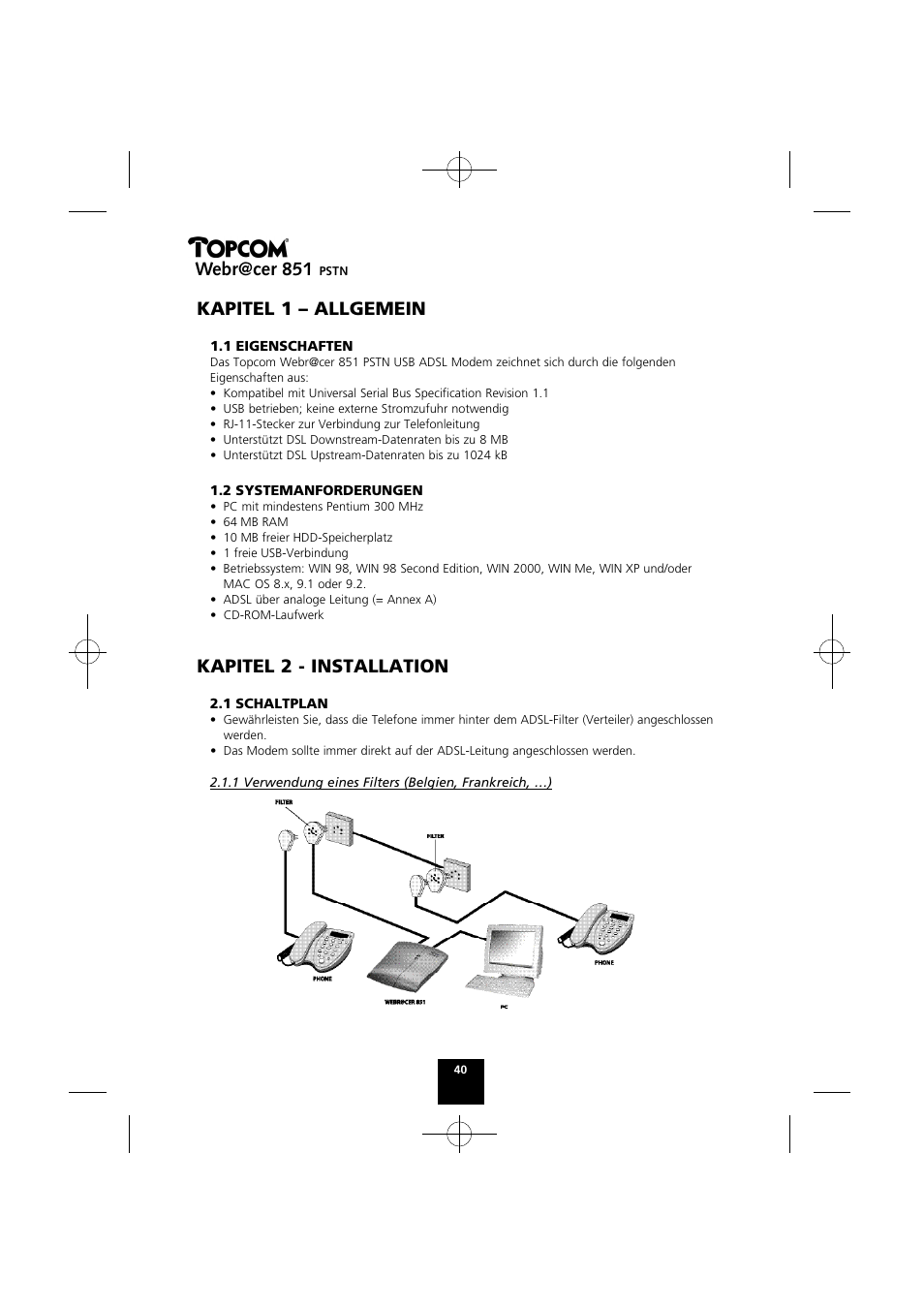 Kapitel 1 – allgemein, Kapitel 2 - installation, Webr@cer 851 | Topcom Webr@cer 851 PSTN User Manual | Page 40 / 52