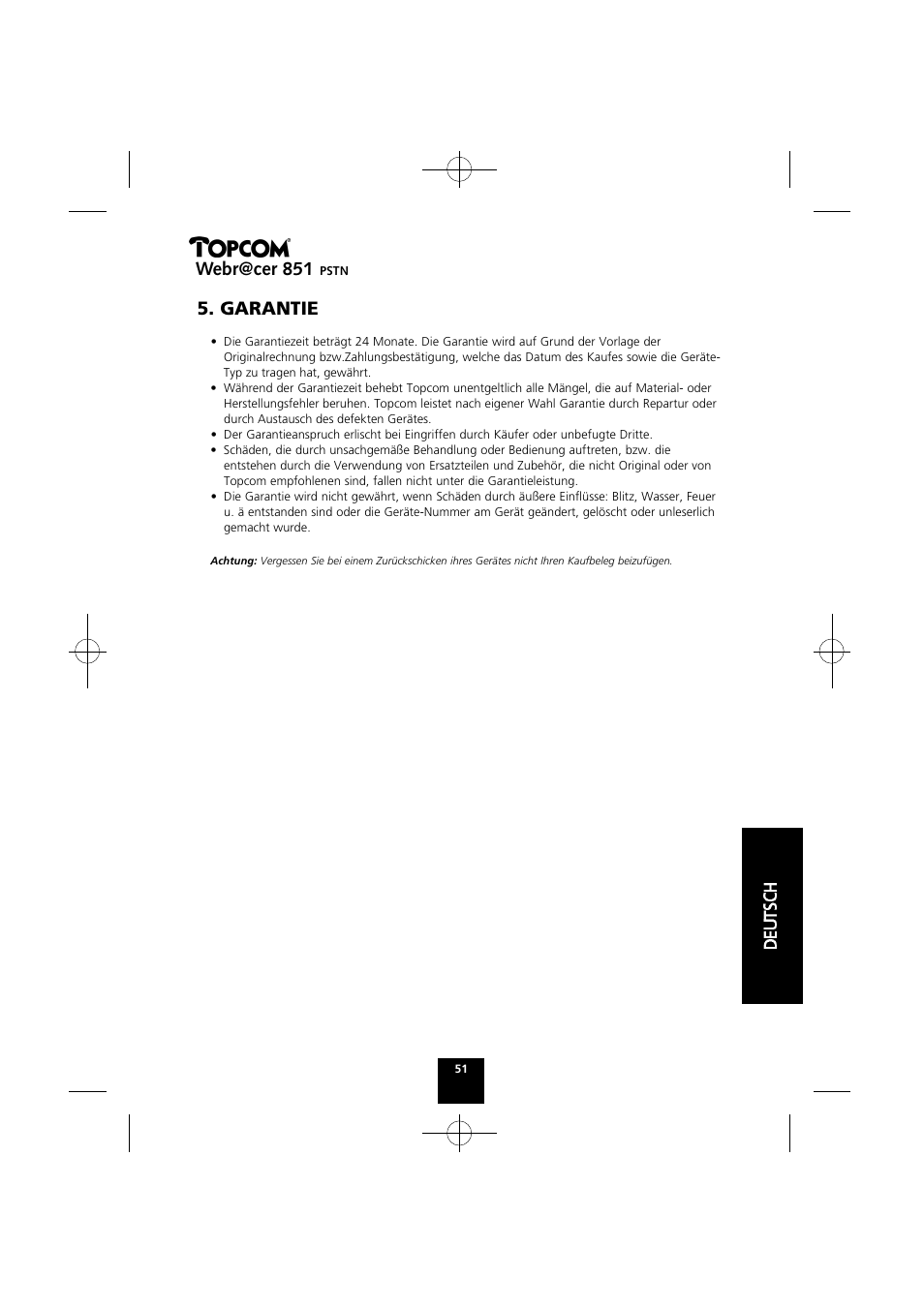 Webr@cer 851, Garantie | Topcom Webr@cer 851 PSTN User Manual | Page 51 / 52