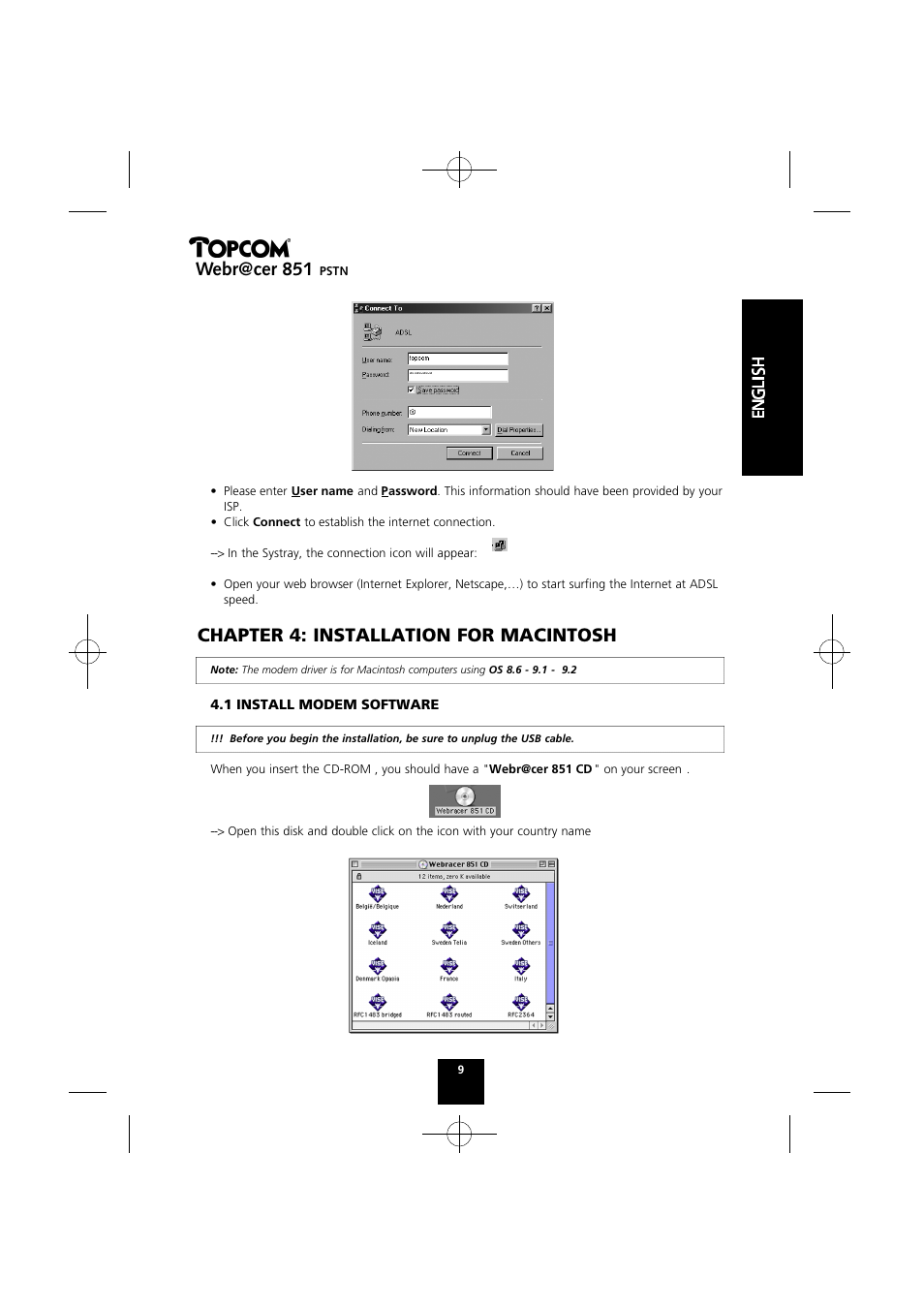 Chapter 4: installation for macintosh, Webr@cer 851 | Topcom Webr@cer 851 PSTN User Manual | Page 9 / 52