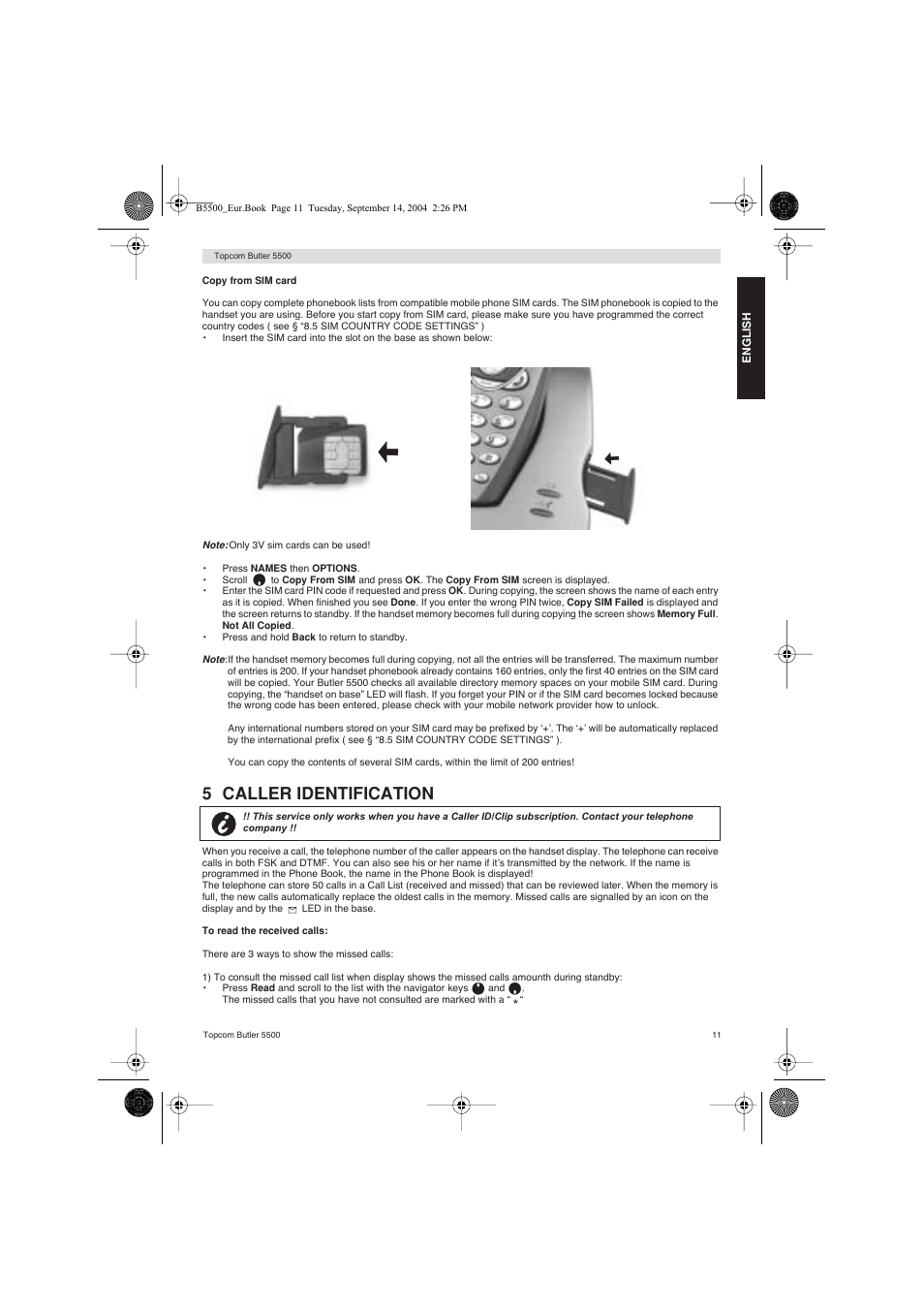 5 caller identification | Topcom BUTLER 5500 User Manual | Page 11 / 100
