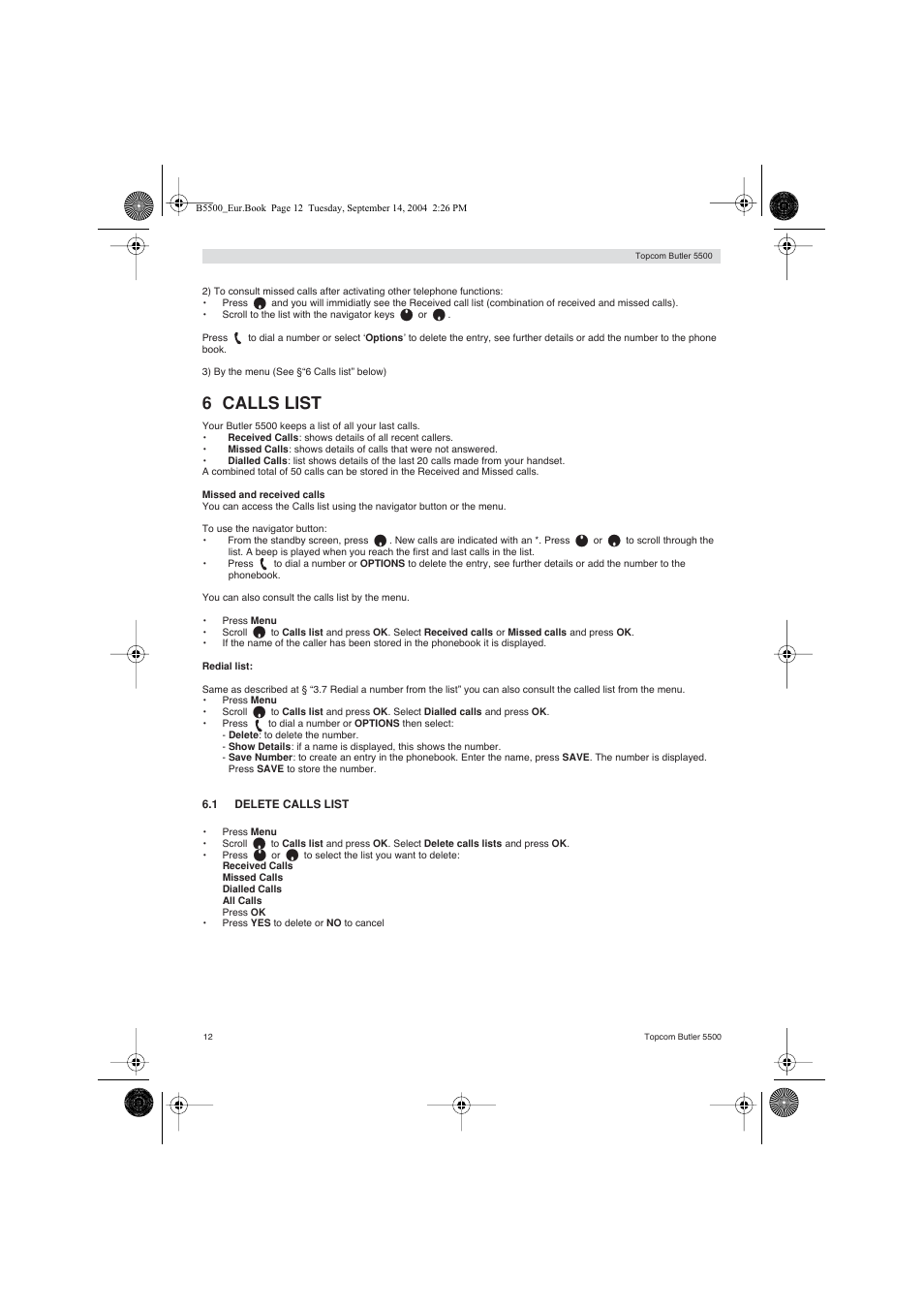 6 calls list | Topcom BUTLER 5500 User Manual | Page 12 / 100
