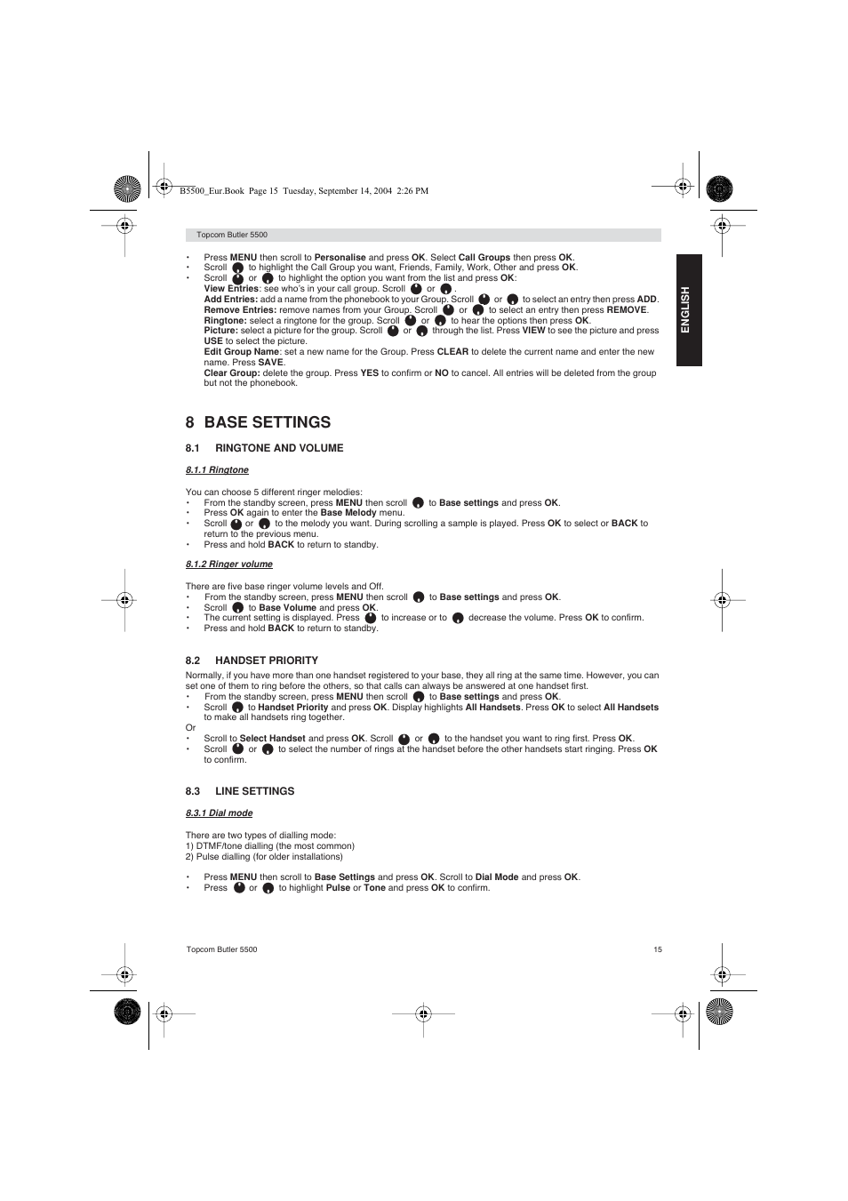 8 base settings | Topcom BUTLER 5500 User Manual | Page 15 / 100