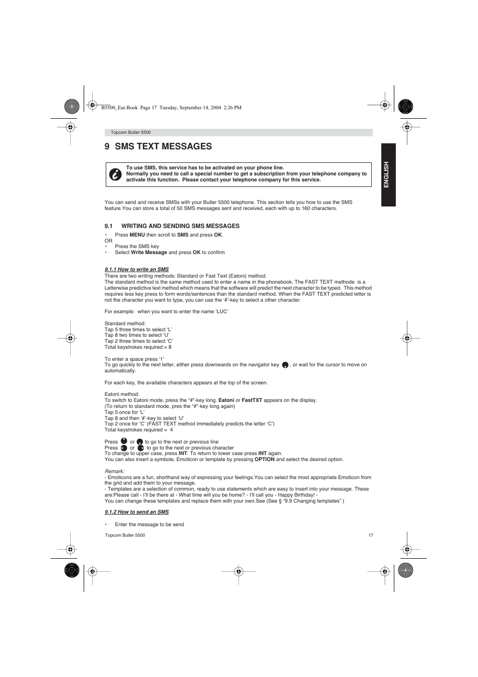 9 sms text messages | Topcom BUTLER 5500 User Manual | Page 17 / 100