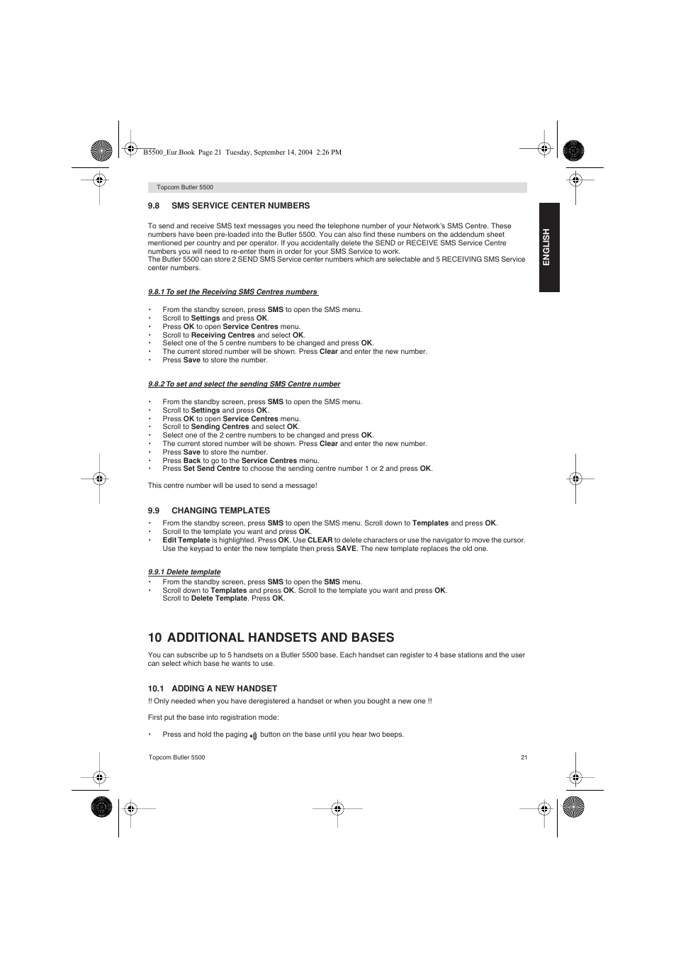 10 additional handsets and bases | Topcom BUTLER 5500 User Manual | Page 21 / 100