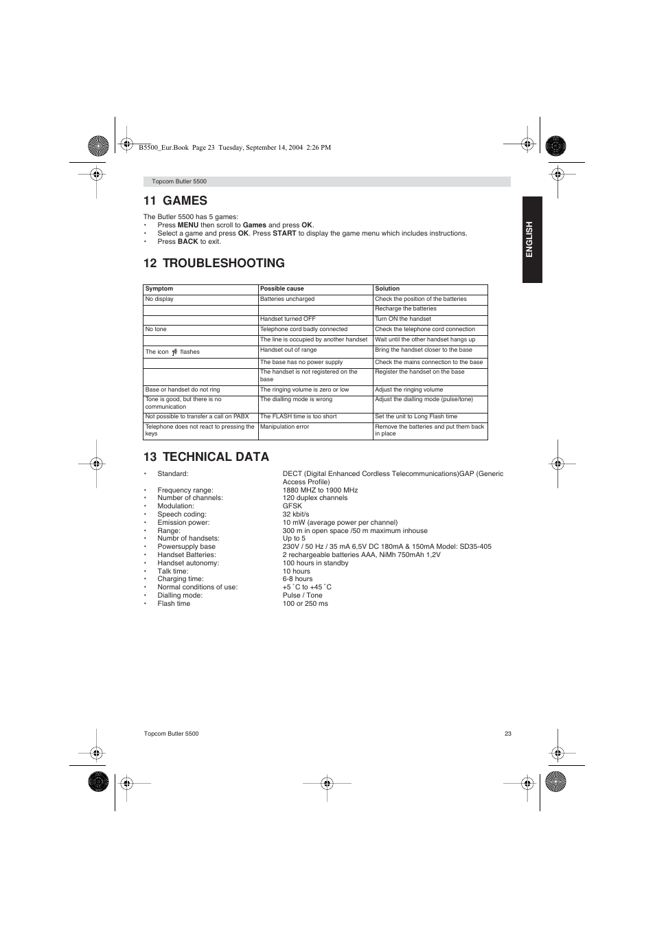 11 games, 12 troubleshooting 13 technical data | Topcom BUTLER 5500 User Manual | Page 23 / 100