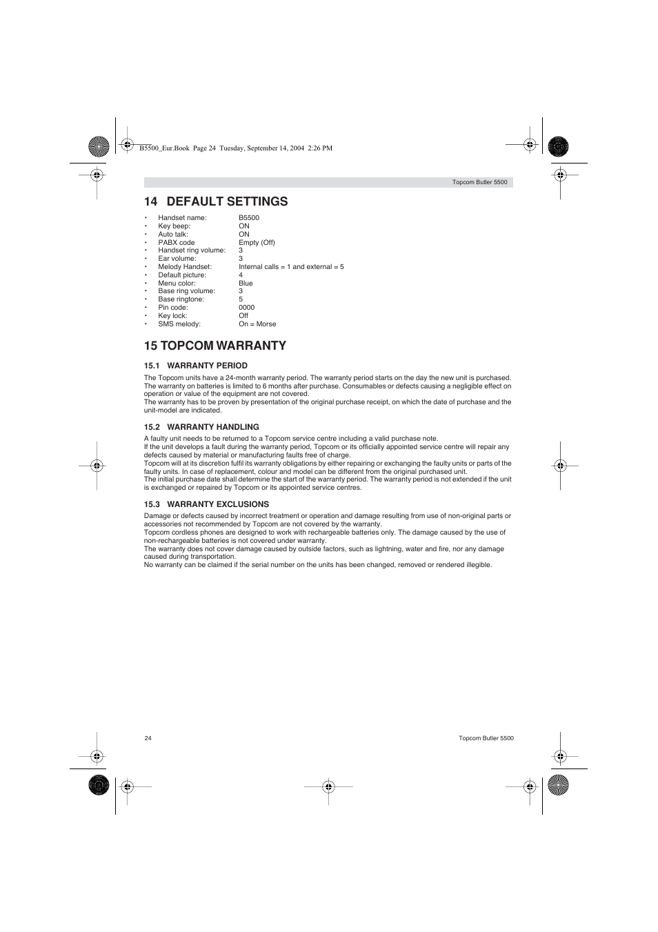 14 default settings, 15 topcom warranty | Topcom BUTLER 5500 User Manual | Page 24 / 100