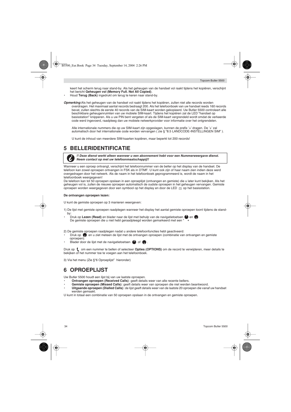 5 belleridentificatie, 6 oproeplijst | Topcom BUTLER 5500 User Manual | Page 34 / 100