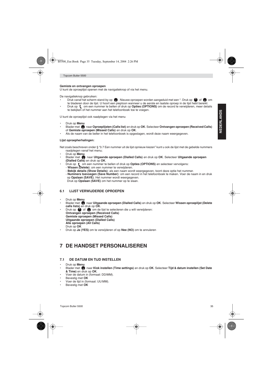 7 de handset personaliseren | Topcom BUTLER 5500 User Manual | Page 35 / 100