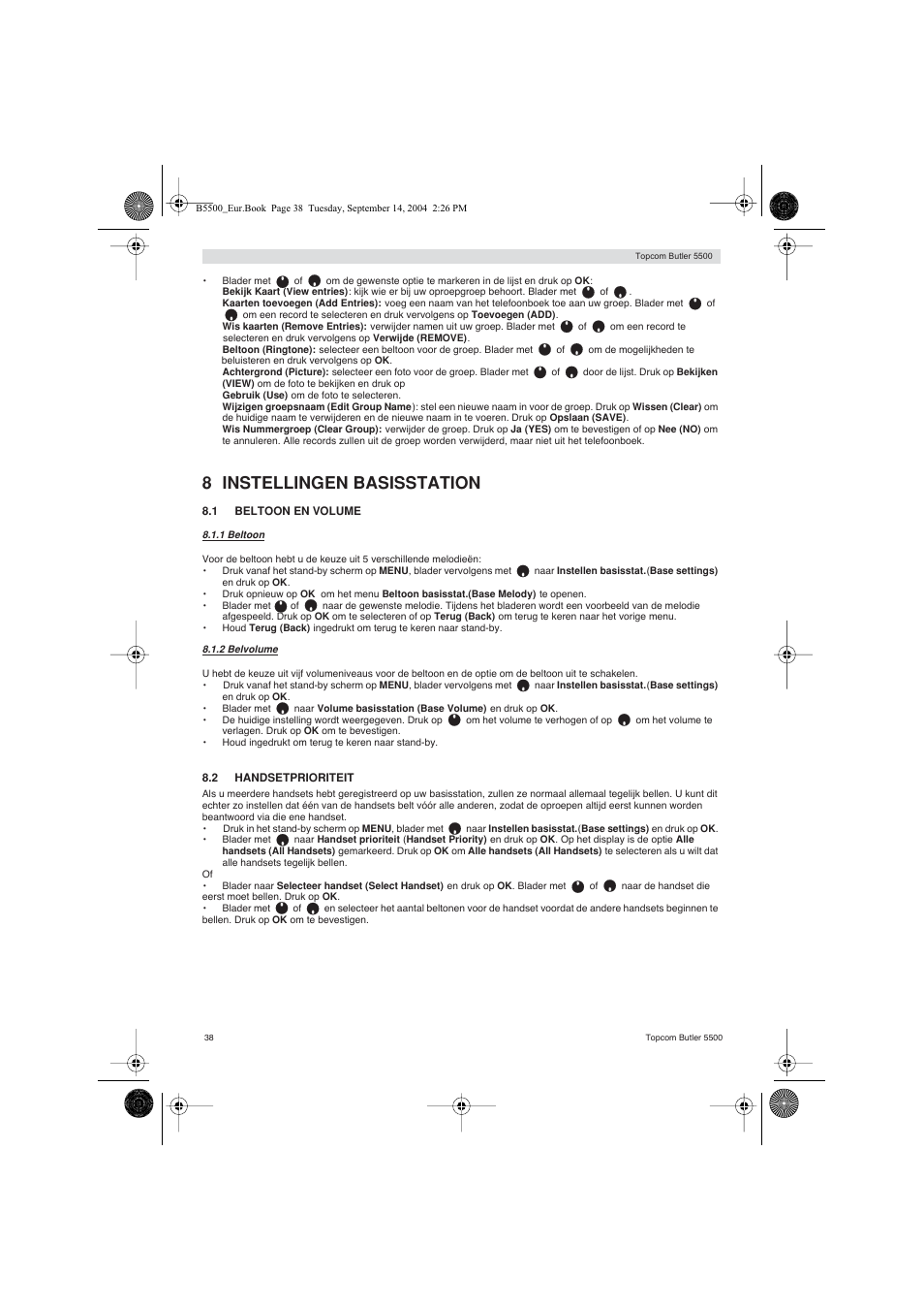 8 instellingen basisstation | Topcom BUTLER 5500 User Manual | Page 38 / 100