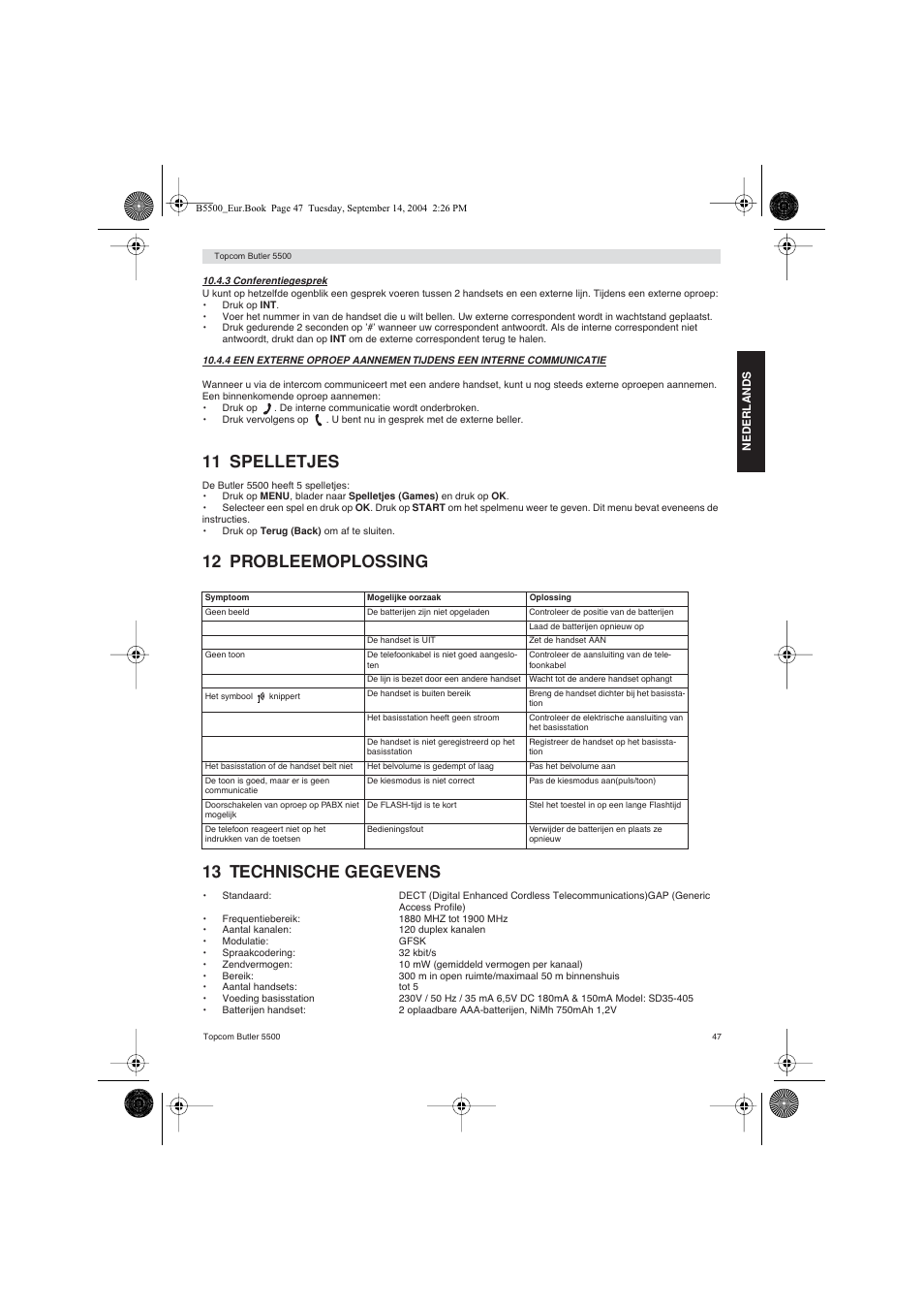 11 spelletjes, 12 probleemoplossing 13 technische gegevens | Topcom BUTLER 5500 User Manual | Page 47 / 100