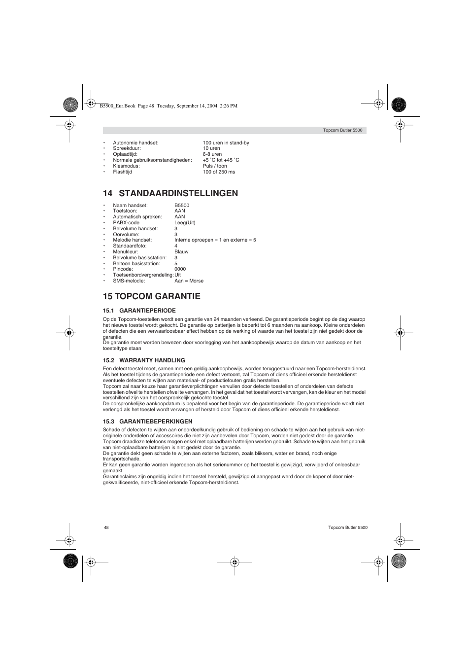 14 standaardinstellingen, 15 topcom garantie | Topcom BUTLER 5500 User Manual | Page 48 / 100