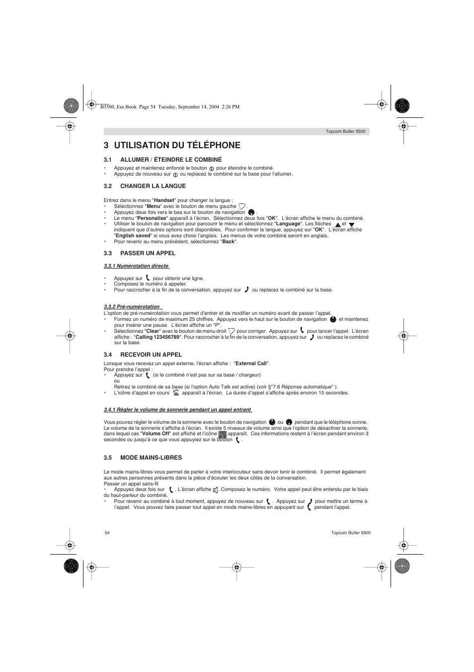 3 utilisation du téléphone | Topcom BUTLER 5500 User Manual | Page 54 / 100