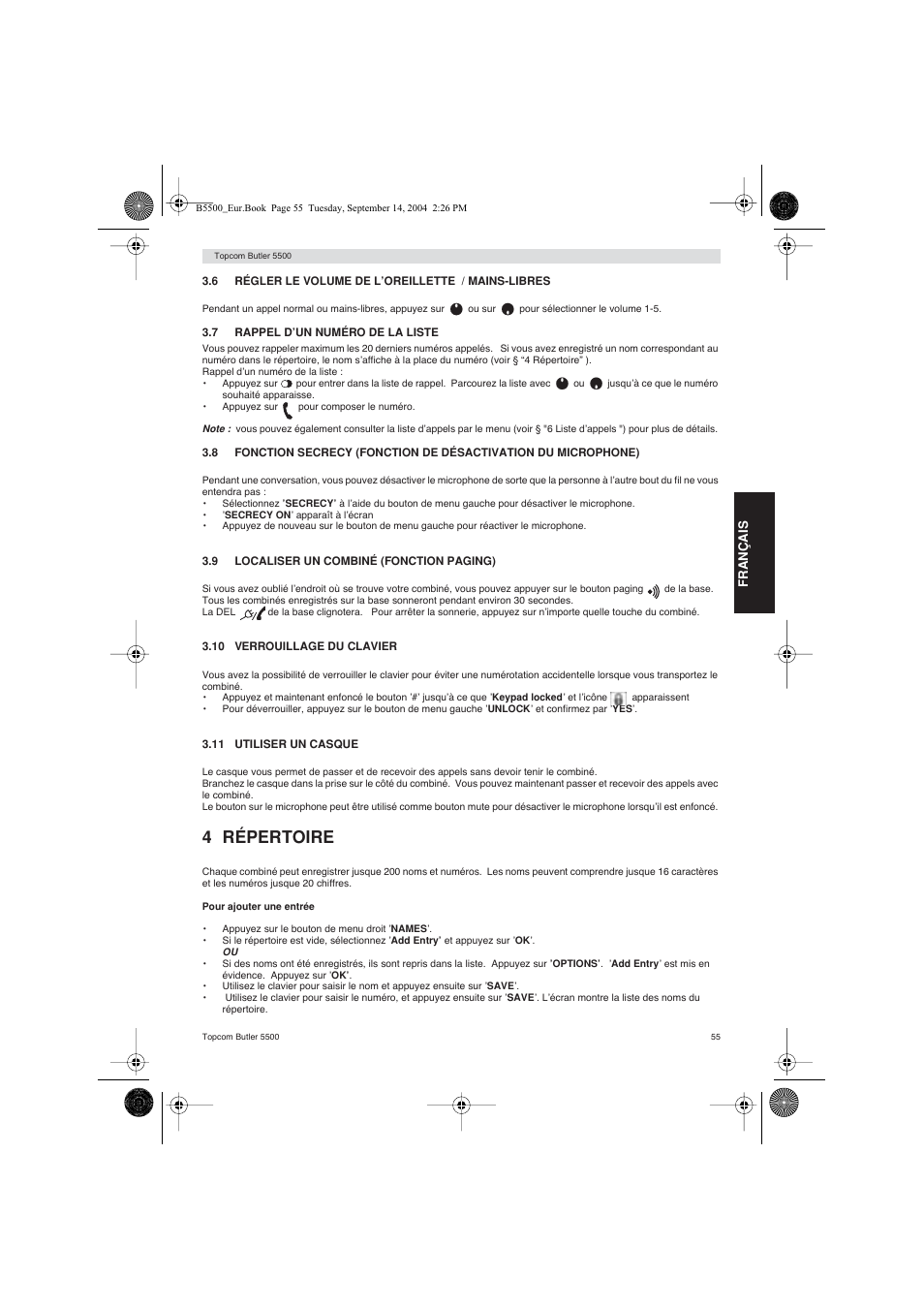 4 répertoire | Topcom BUTLER 5500 User Manual | Page 55 / 100