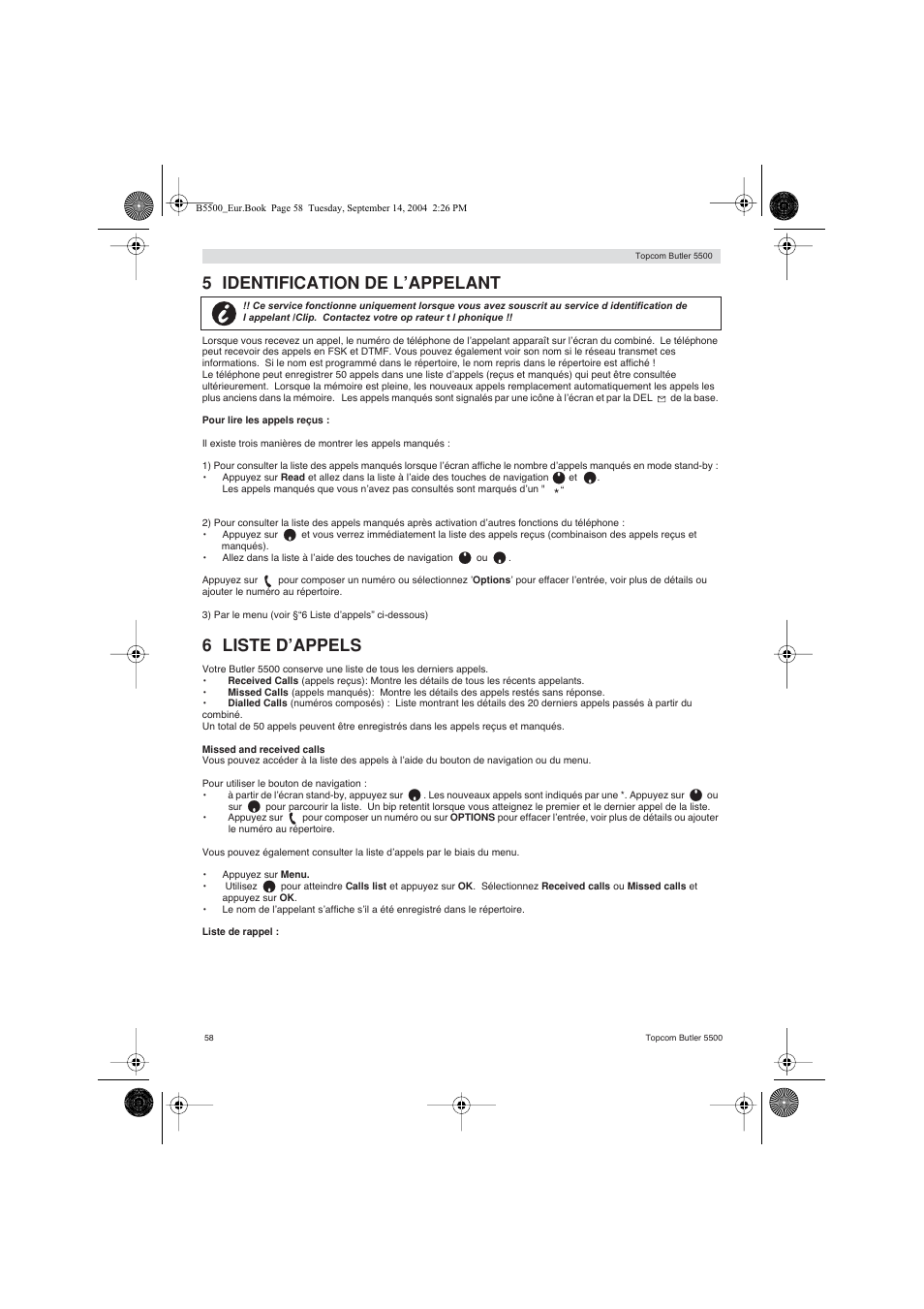 5 identification de l’appelant, 6 liste d’appels | Topcom BUTLER 5500 User Manual | Page 58 / 100