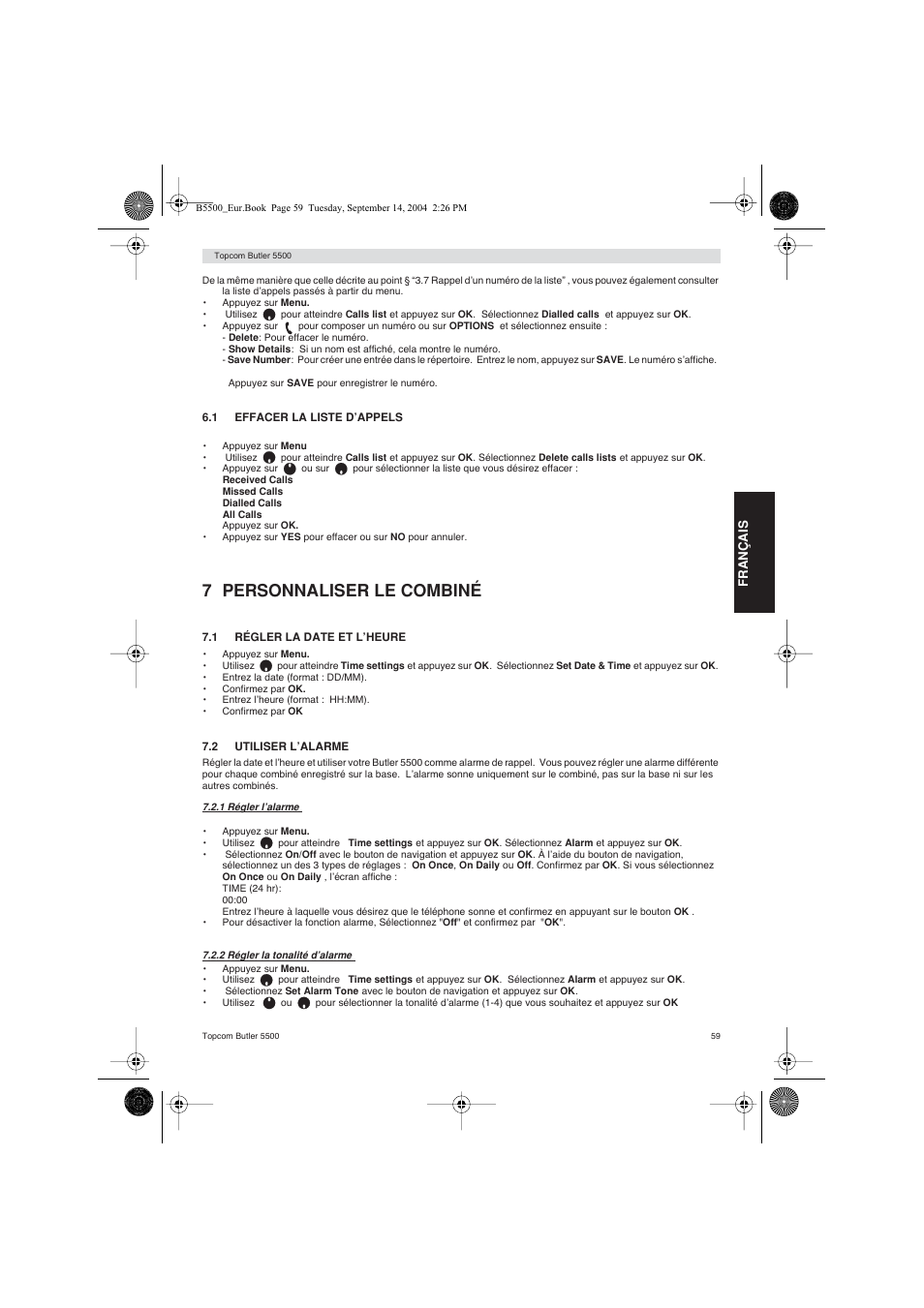 7 personnaliser le combiné | Topcom BUTLER 5500 User Manual | Page 59 / 100