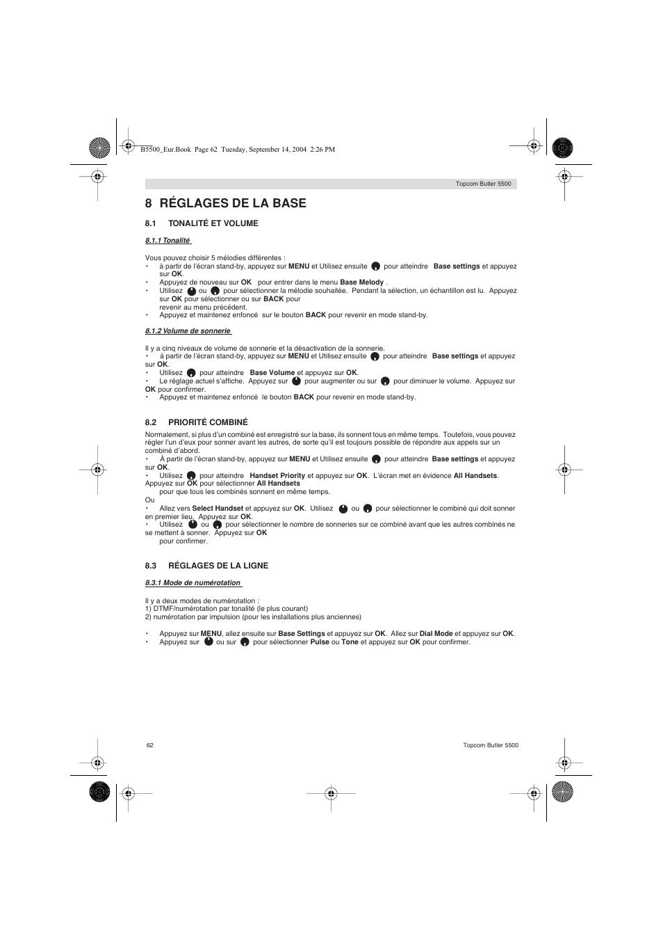 8 réglages de la base | Topcom BUTLER 5500 User Manual | Page 62 / 100