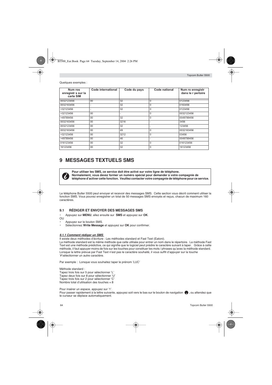 9 messages textuels sms | Topcom BUTLER 5500 User Manual | Page 64 / 100