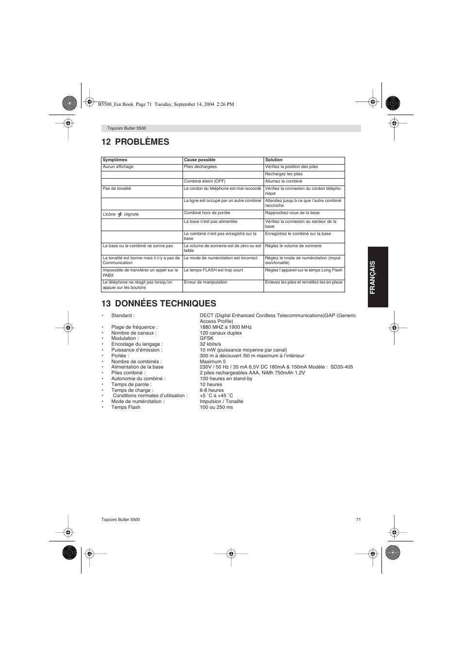 12 problèmes 13 données techniques, Français | Topcom BUTLER 5500 User Manual | Page 71 / 100