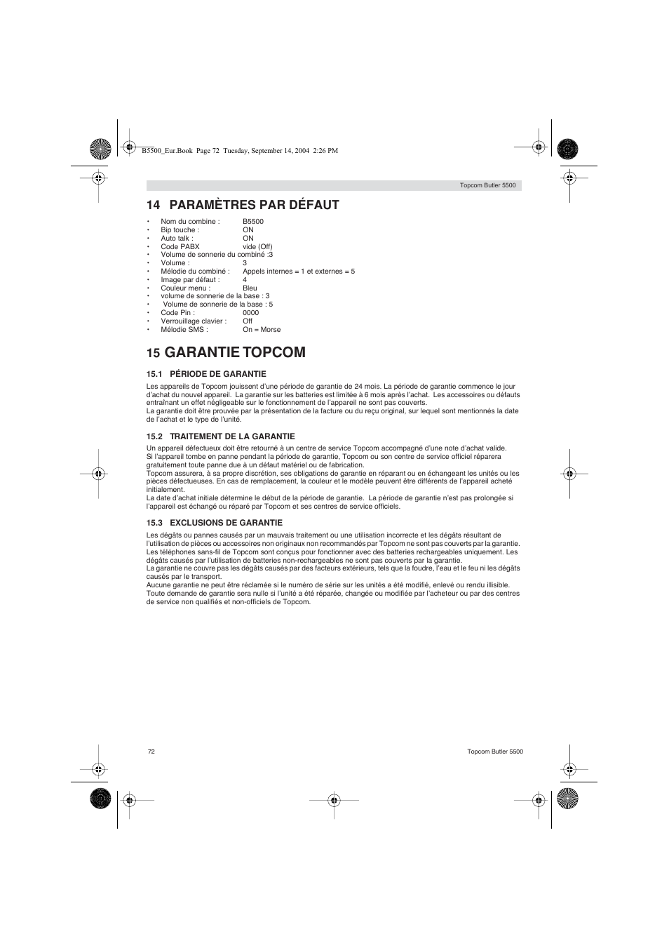 Garantie topcom, 14 paramètres par défaut | Topcom BUTLER 5500 User Manual | Page 72 / 100