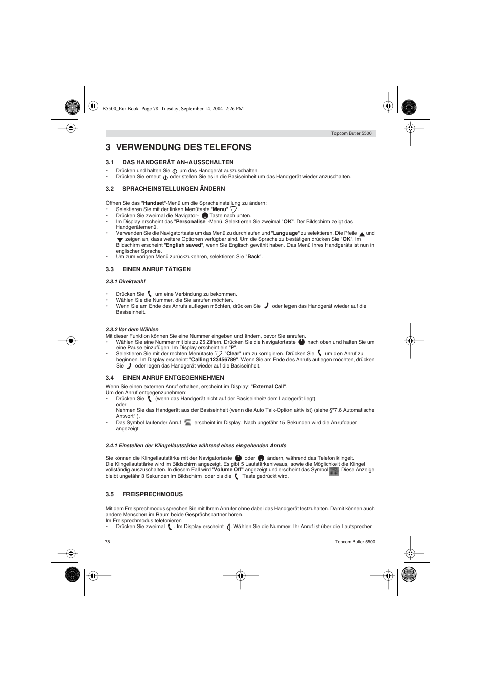 3 verwendung des telefons | Topcom BUTLER 5500 User Manual | Page 78 / 100