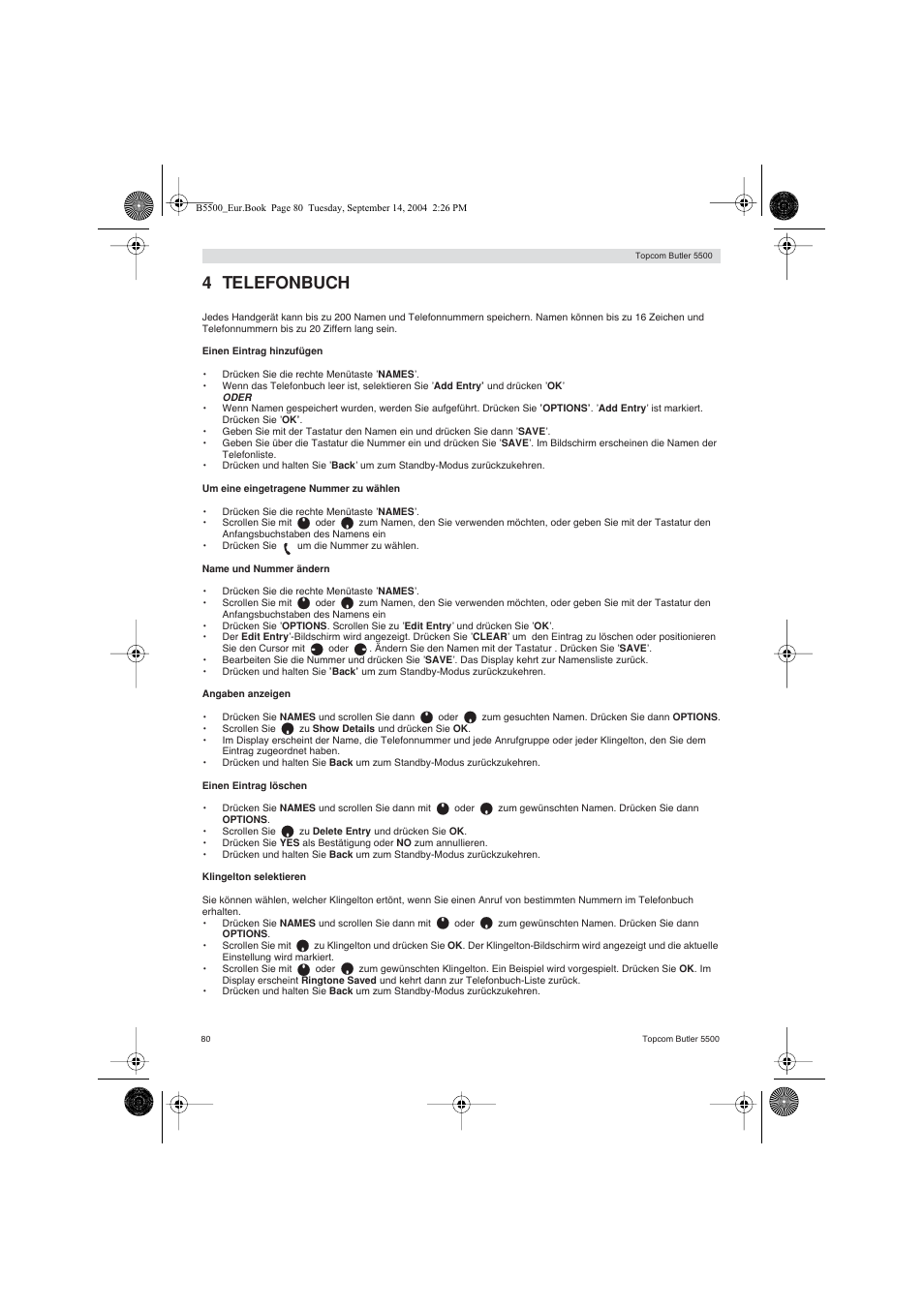 4 telefonbuch | Topcom BUTLER 5500 User Manual | Page 80 / 100