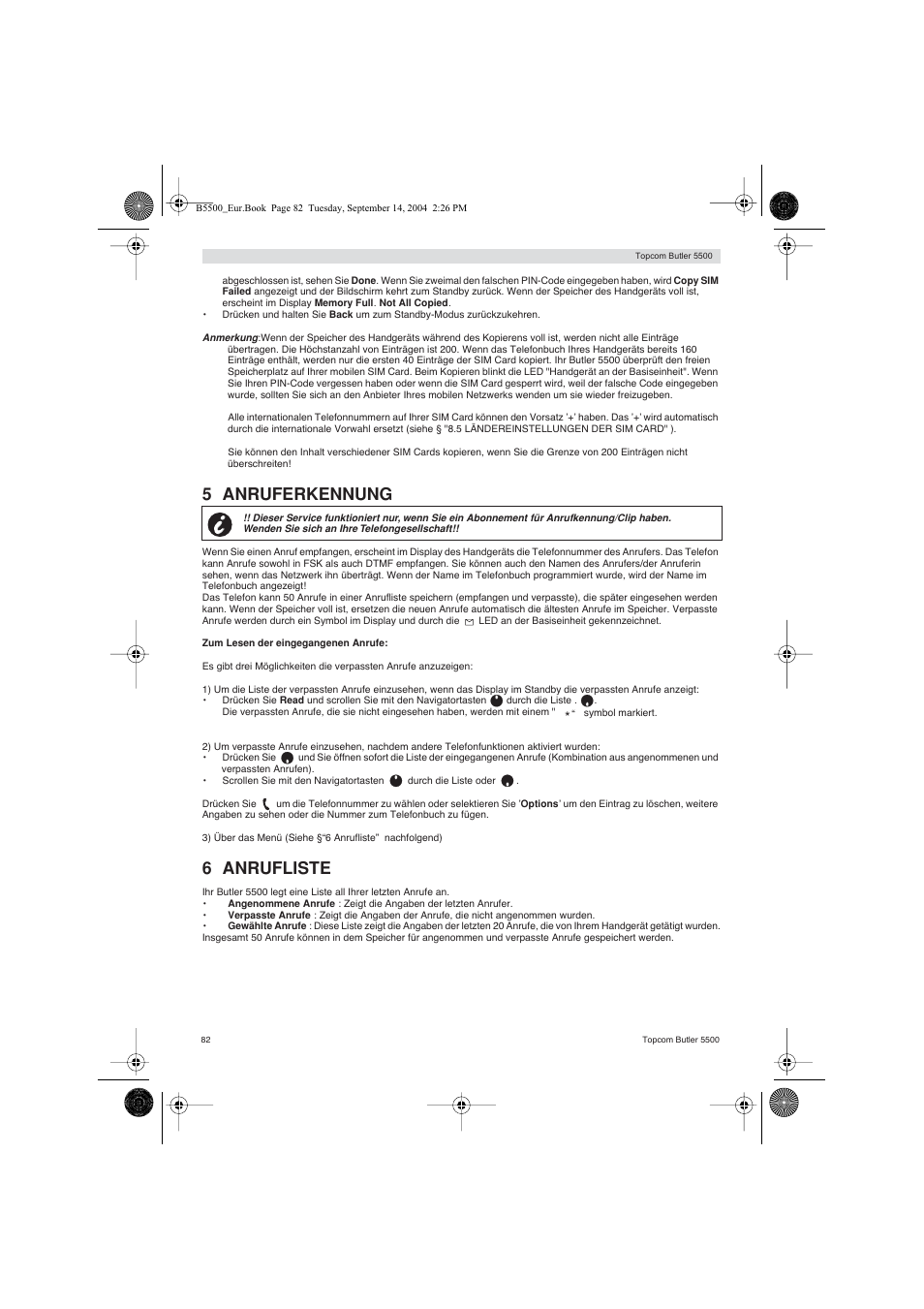 5 anruferkennung, 6 anrufliste | Topcom BUTLER 5500 User Manual | Page 82 / 100