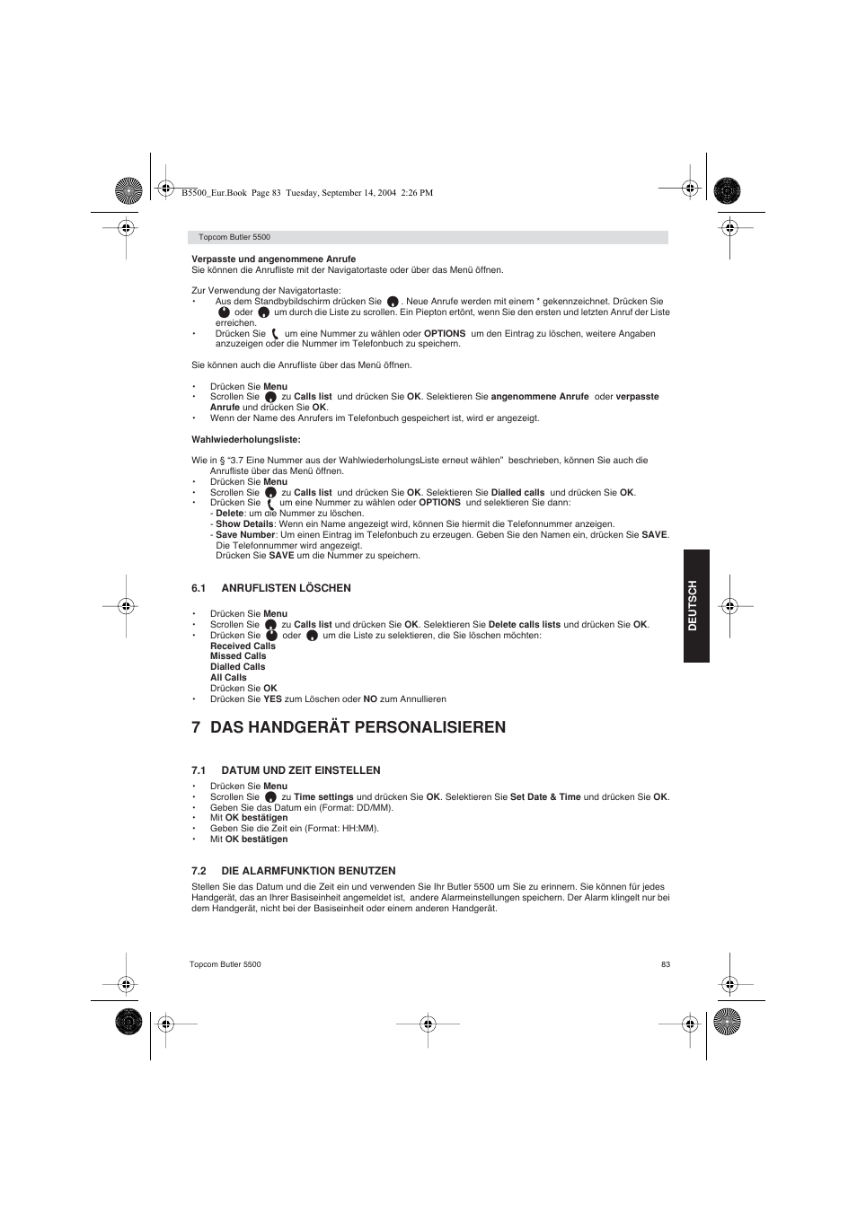 7 das handgerät personalisieren | Topcom BUTLER 5500 User Manual | Page 83 / 100