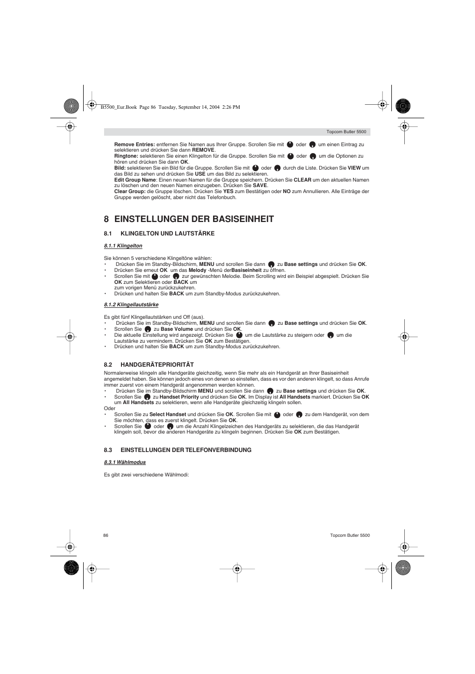 8 einstellungen der basiseinheit | Topcom BUTLER 5500 User Manual | Page 86 / 100