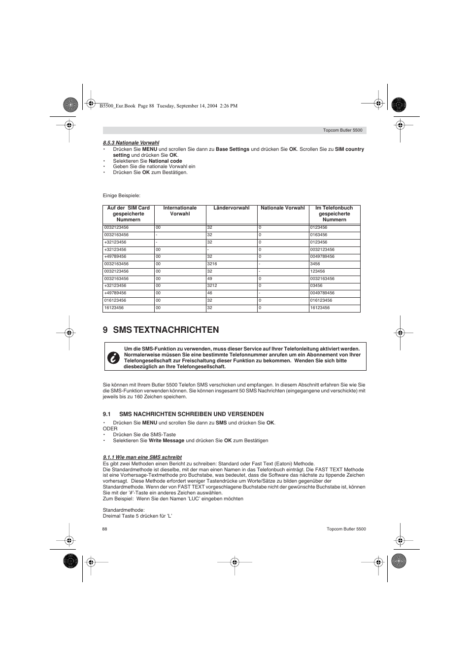 9 sms textnachrichten | Topcom BUTLER 5500 User Manual | Page 88 / 100