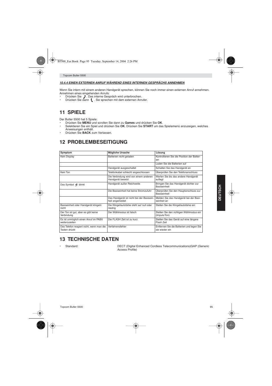 11 spiele, 12 problembeseitigung 13 technische daten | Topcom BUTLER 5500 User Manual | Page 95 / 100