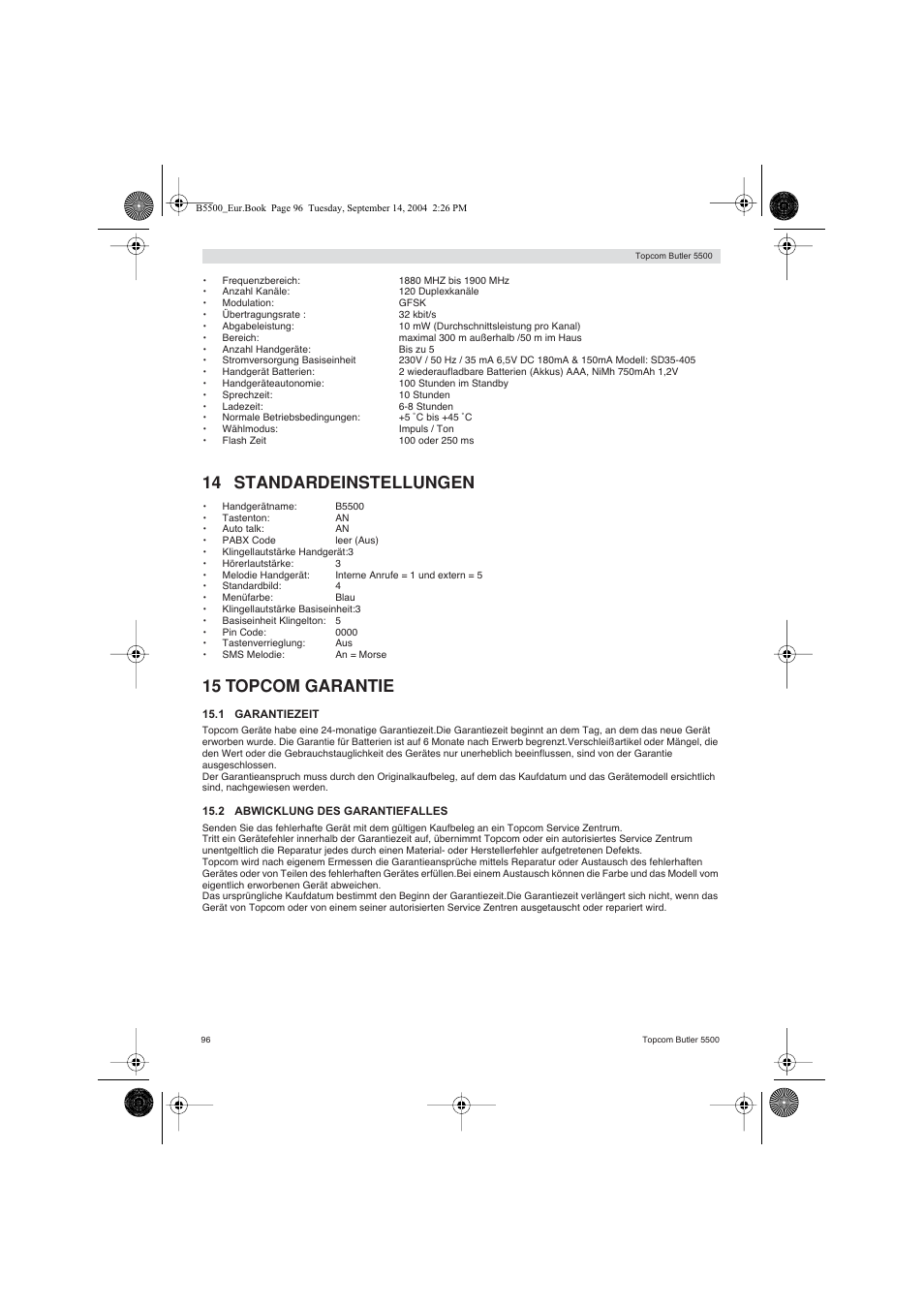 14 standardeinstellungen, 15 topcom garantie | Topcom BUTLER 5500 User Manual | Page 96 / 100