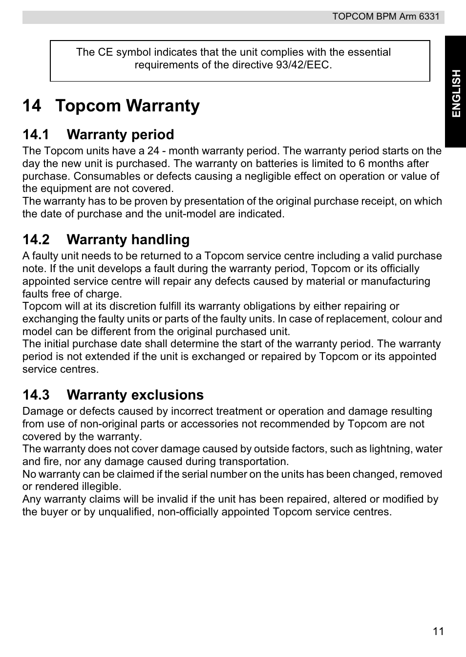 14 topcom warranty, 1 warranty period, 2 warranty handling | 3 warranty exclusions | Topcom 6331 User Manual | Page 11 / 76