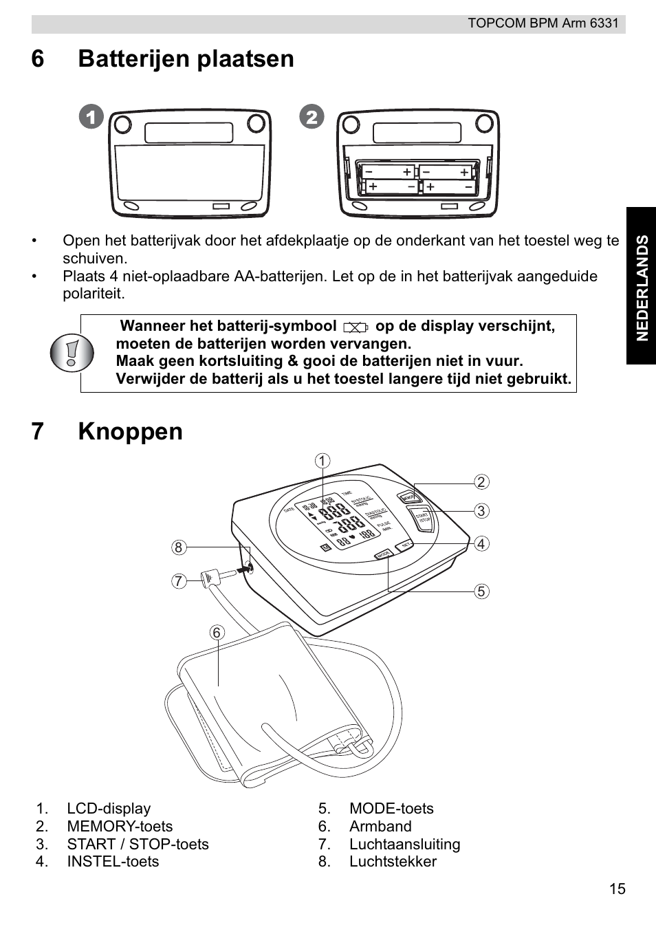 6batterijen plaatsen, 7knoppen | Topcom 6331 User Manual | Page 15 / 76