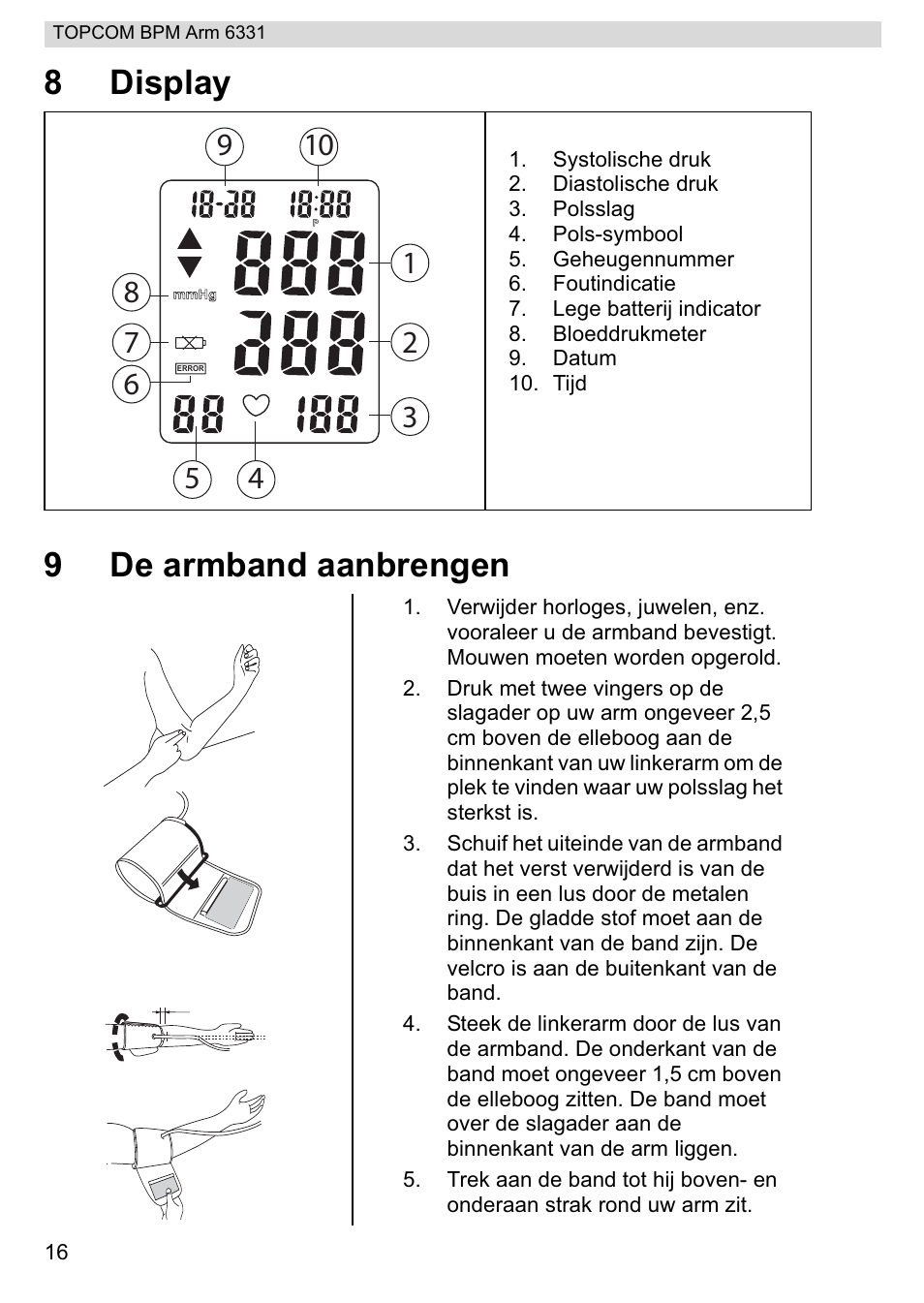 8display 9 de armband aanbrengen | Topcom 6331 User Manual | Page 16 / 76
