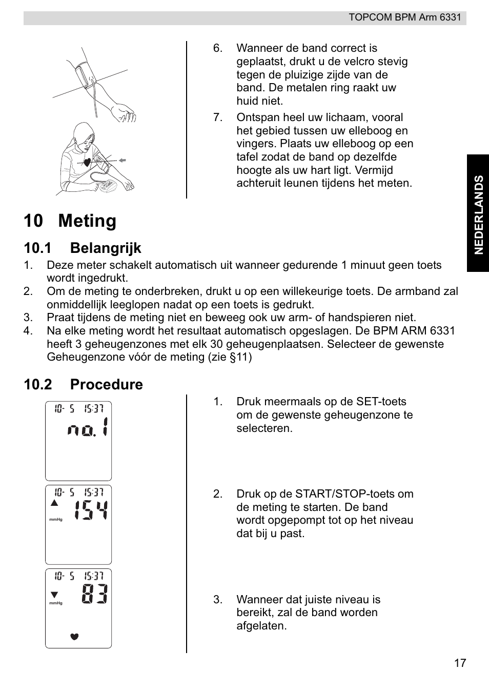 10 meting, 1 belangrijk, 2 procedure | Topcom 6331 User Manual | Page 17 / 76