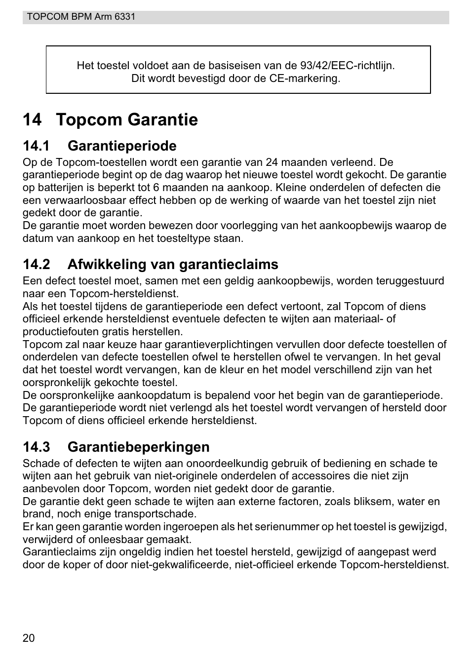 14 topcom garantie | Topcom 6331 User Manual | Page 20 / 76