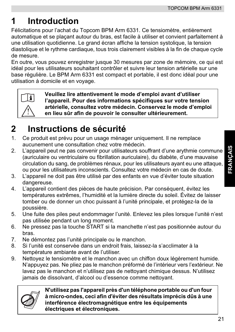 1introduction, 2instructions de sécurité | Topcom 6331 User Manual | Page 21 / 76