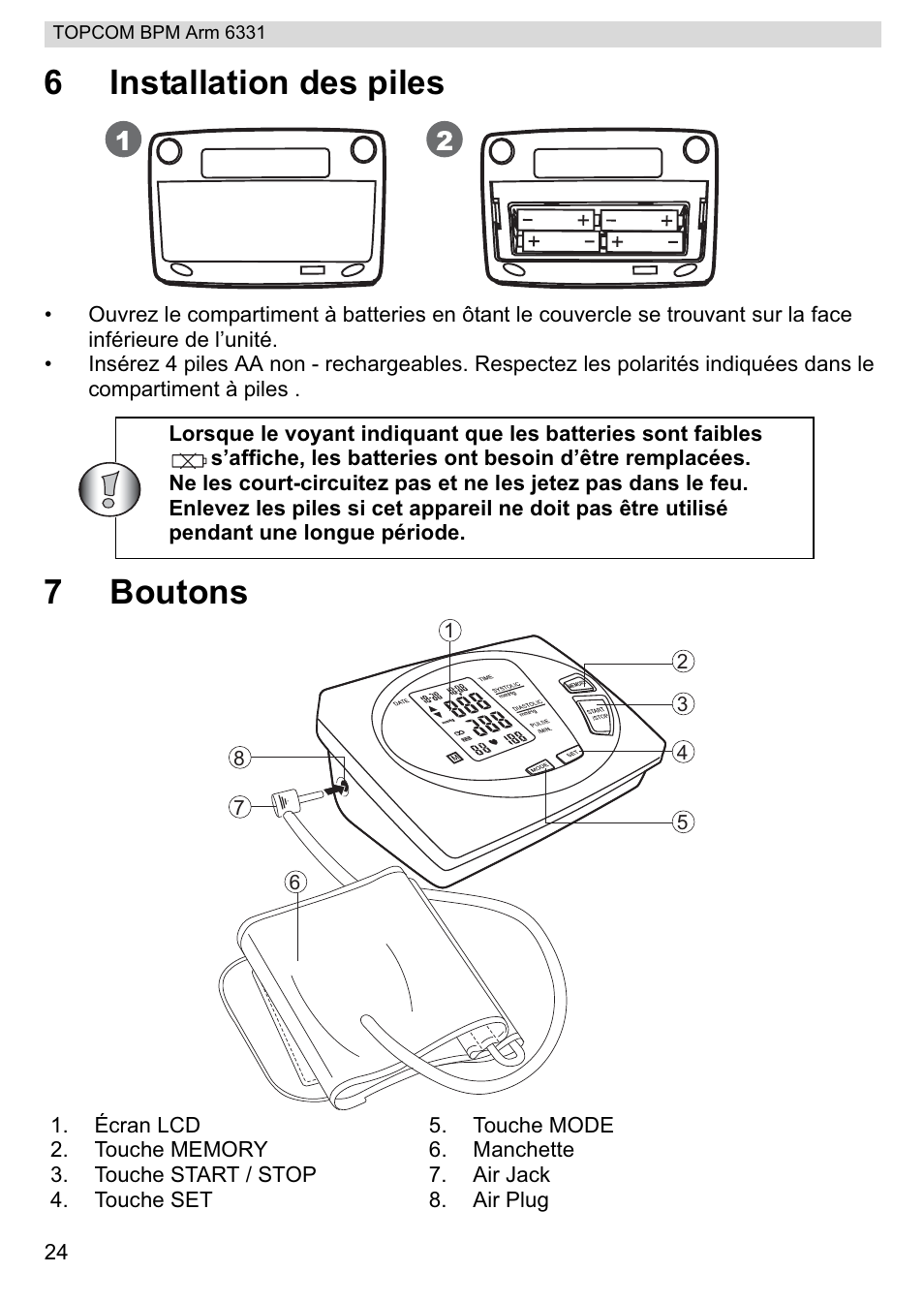 6installation des piles, 7boutons | Topcom 6331 User Manual | Page 24 / 76