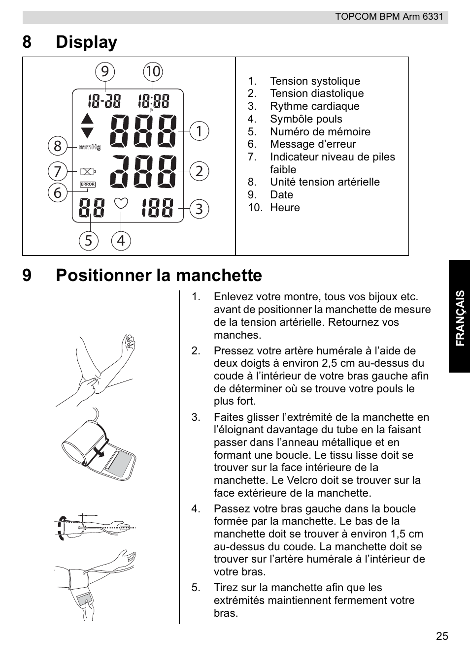8display 9 positionner la manchette | Topcom 6331 User Manual | Page 25 / 76