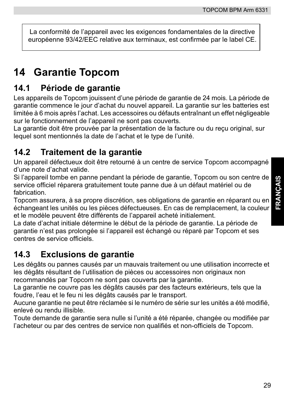14 garantie topcom, 1 période de garantie, 2 traitement de la garantie | 3 exclusions de garantie | Topcom 6331 User Manual | Page 29 / 76