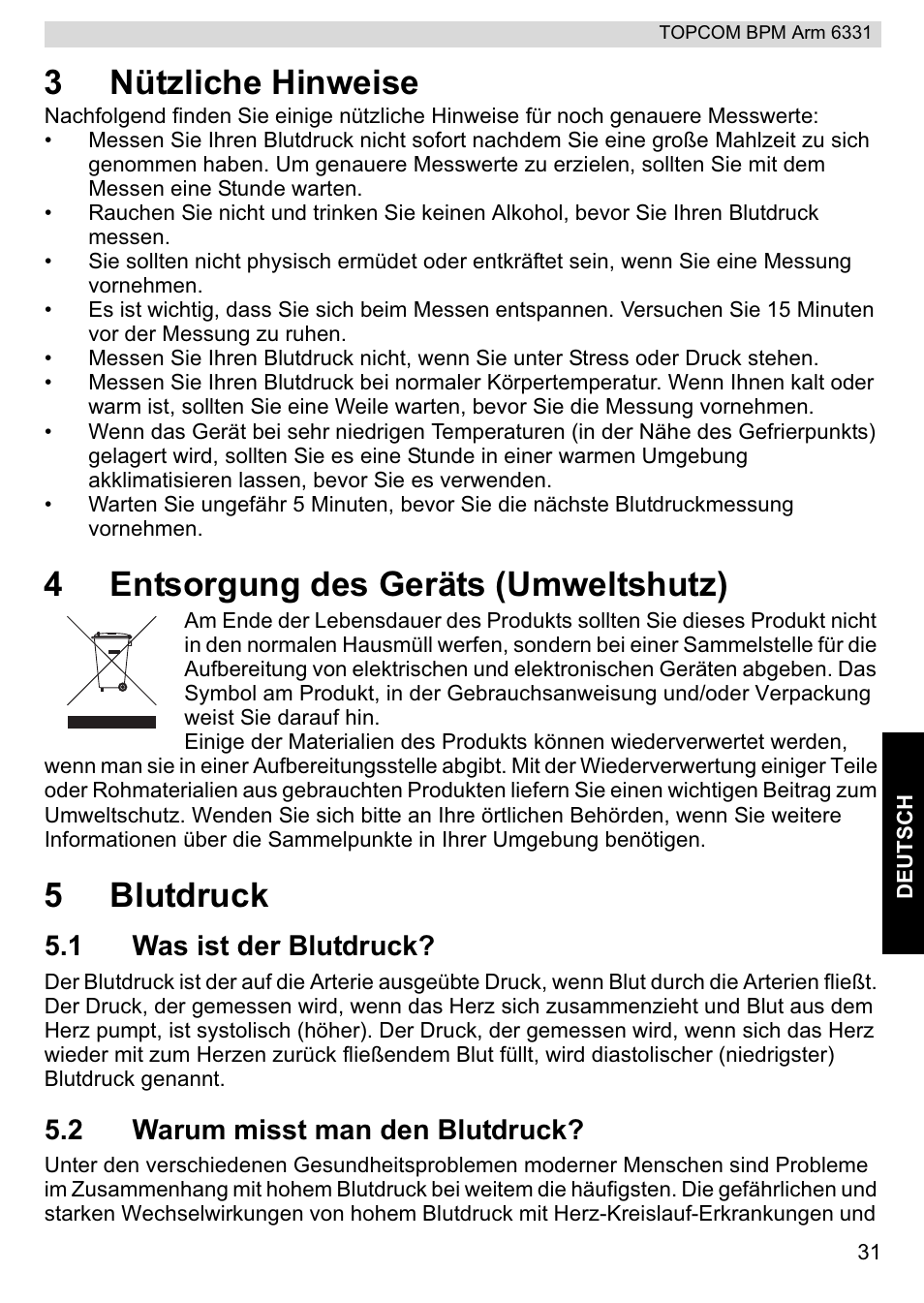 3nützliche hinweise, 4entsorgung des geräts (umweltshutz), 5blutdruck | 1 was ist der blutdruck, 2 warum misst man den blutdruck | Topcom 6331 User Manual | Page 31 / 76
