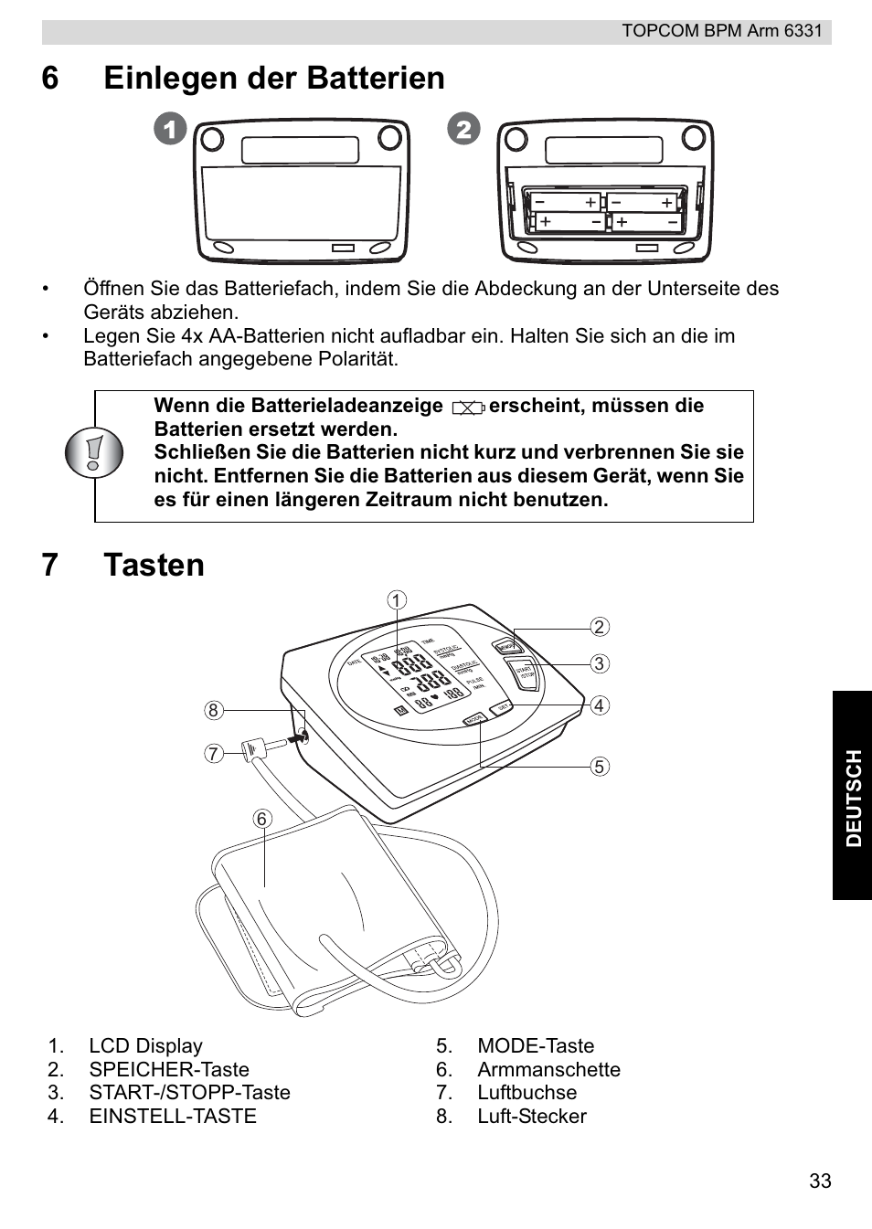 6einlegen der batterien, 7tasten | Topcom 6331 User Manual | Page 33 / 76
