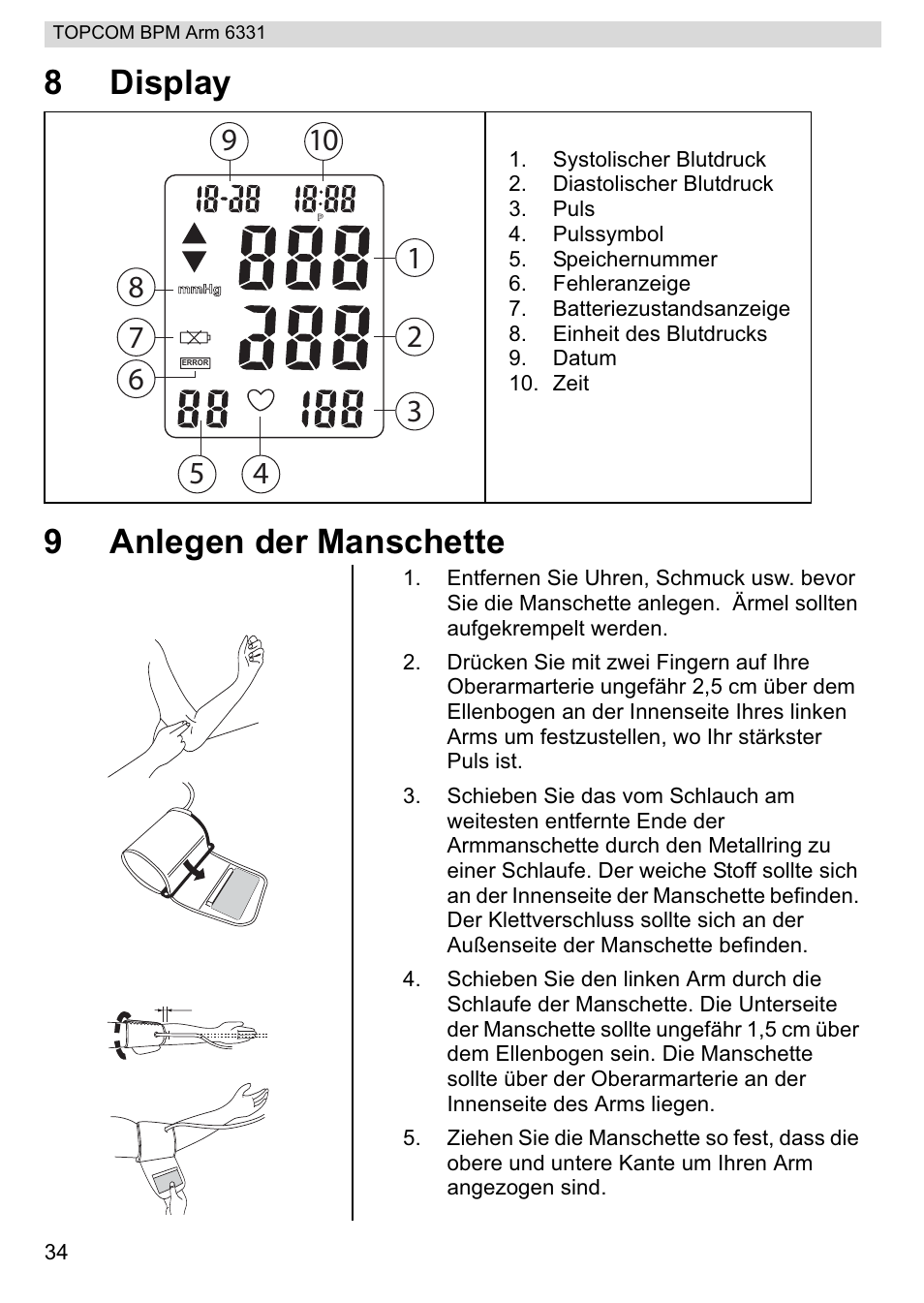 8display 9 anlegen der manschette | Topcom 6331 User Manual | Page 34 / 76