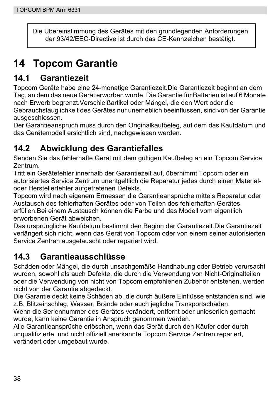 14 topcom garantie | Topcom 6331 User Manual | Page 38 / 76
