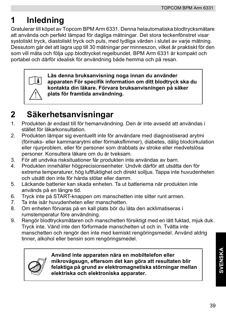 1inledning, 2säkerhetsanvisningar | Topcom 6331 User Manual | Page 39 / 76