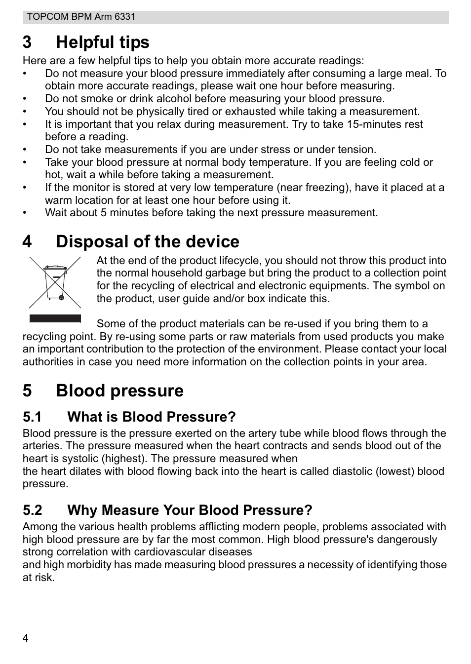 3helpful tips, 4disposal of the device, 5blood pressure | 1 what is blood pressure, 2 why measure your blood pressure | Topcom 6331 User Manual | Page 4 / 76