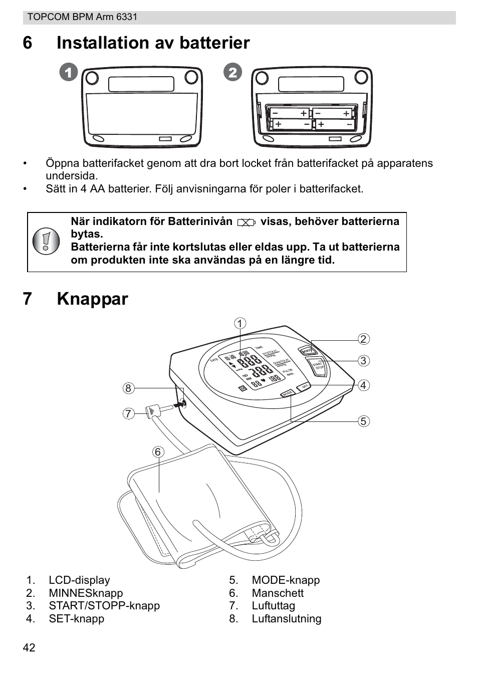 6installation av batterier, 7knappar | Topcom 6331 User Manual | Page 42 / 76