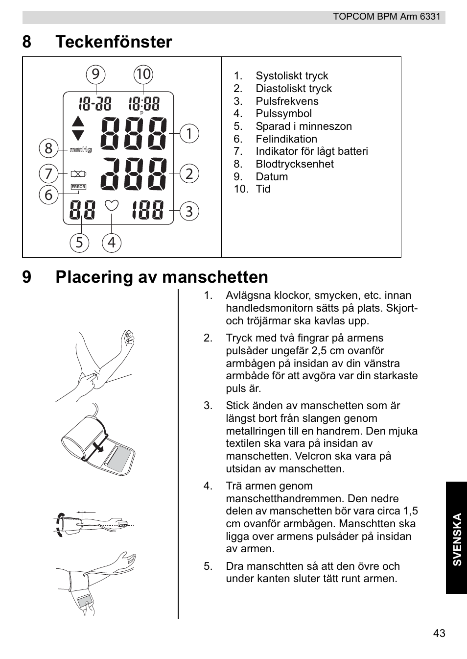 8teckenfönster 9 placering av manschetten | Topcom 6331 User Manual | Page 43 / 76